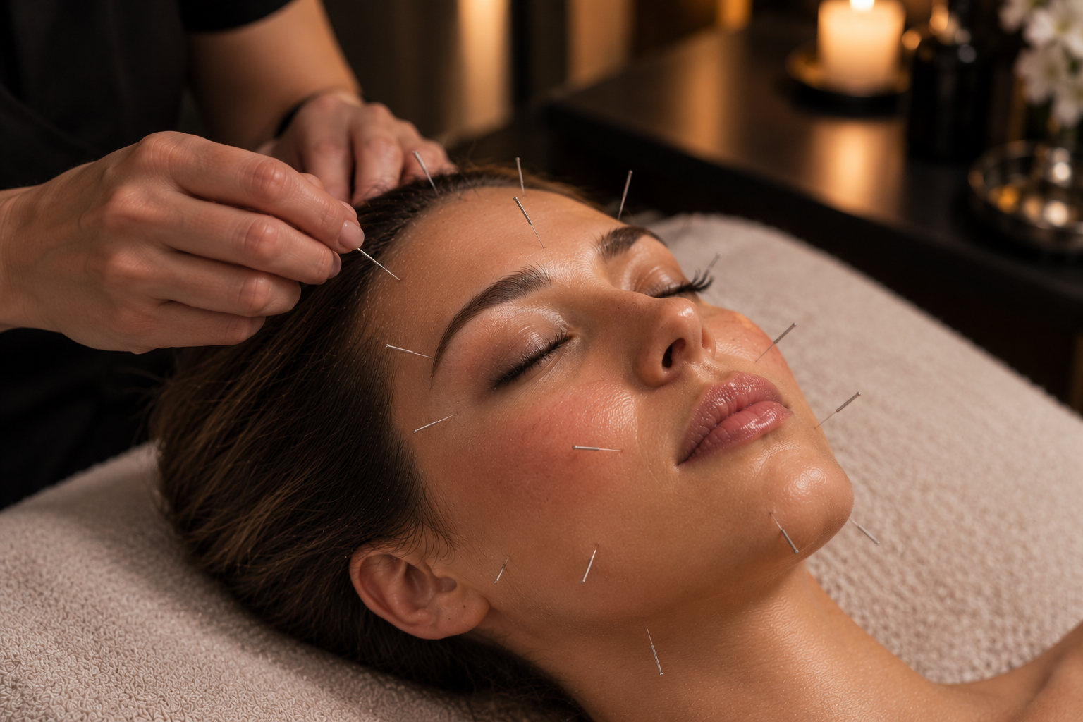 Pose des aiguilles d'acupuncture esthétique